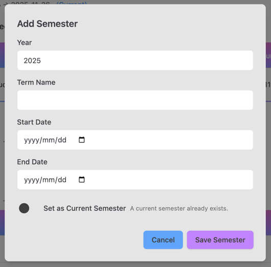 Admin Create Semester